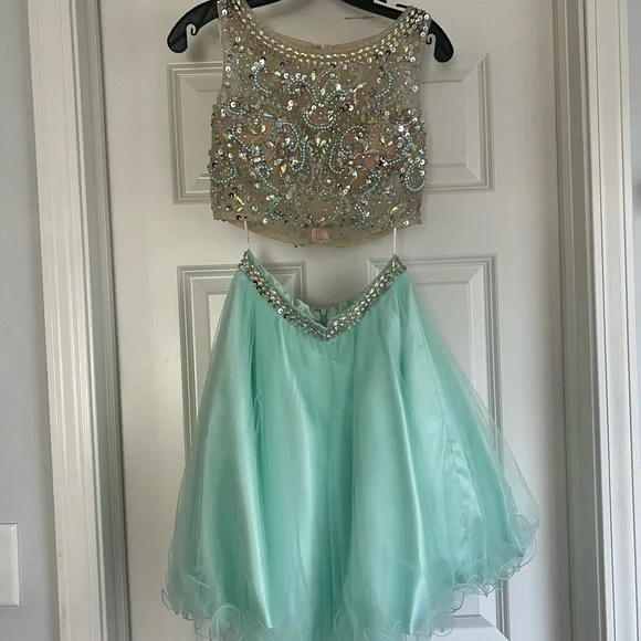 silver two piece homecoming dress Open Back Grey Beaded Two Pieces Homecoming Dresses 2018, CM460 –  SposaBridal main image 0